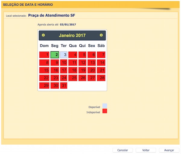 O último passo é selecionar uma data e horário, se disponível. Infelizmente a tentativa de agendamento precisa ser regular pois a quantidade de atendimentos é limitadíssima. 